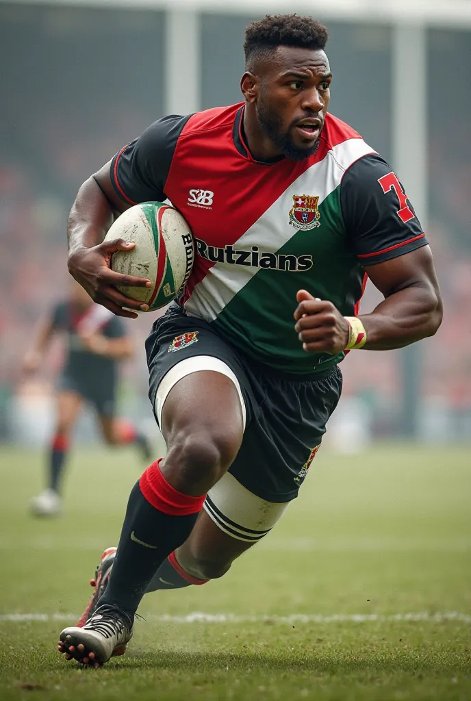 A black rugby player with the colour red black white and green and on the back it says rutzians with the number 1 on it and he holds a ball and ran 