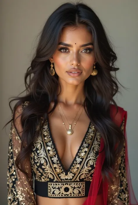 
"A highly realistic Instagram profile photo of a hot looking sexy 'young Indian" virtual influencer. She is an actress with a confident and captivating expression. Her outfit blends modern and traditional styles, featuring a black, red, and white fusion d...