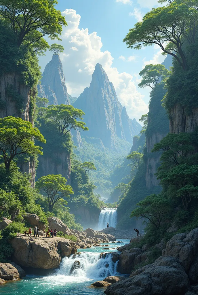 There are many lush green trees on the high mountains on both sides，Steep mountains，Spring water hits the rocks，There are birds，There are apes