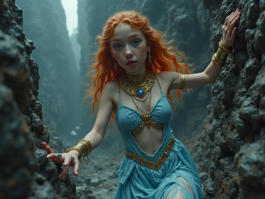 A skinny ginger freckled princess has her pale blue dress torn down while escaping a horrific dark sinister castle, climbing debris, wearing sapphire and golden collar and armbands, rings, showing her armpits and groins, covered in liquid cream