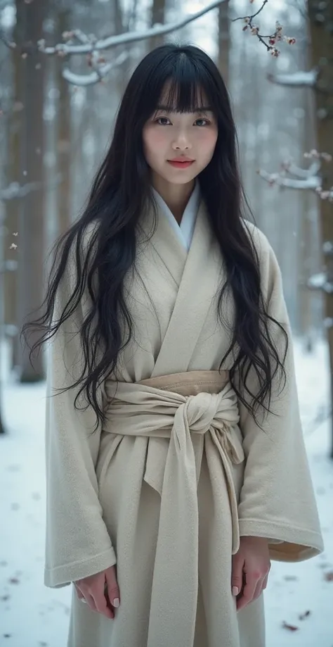  High quality. A real Oriental Japanese girl with 18 years old with beyond floor length black hair and see her "whole" body wearing thick lambswool traditional Wafuku standing nearby hot springs inside the forest, must see her whole body. The scenario of f...