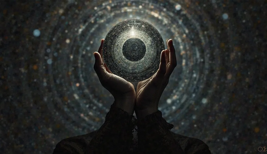 a close up of a person holding their hands up in front of a circular object, dark arcanist, antichrist, darkart, ((((occult art)))), dark ambient album cover, into darkest cosmos, alex grey and beksinski, the darkest hour, dark fantasy esoteric, vibrant da...