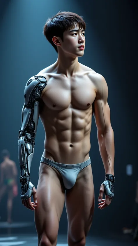 （2 185cm Korean handsome male star high school student bionic robots），(Chest Full )，（STEREO ABDOMINAL MUSCLE），（ delicate cute face ），（Fragmented cap hairstyle）， inverted triangle body ，Five-Toe ， five fingers， with no clothes ，Crotch Full of Details，walks ...