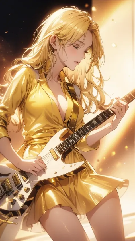 Highest quality,  super fine, 16k, very detailed, 2.5D, delicate and dynamic, beautiful woman playing electric guitar, cool star shaped gold body guitar