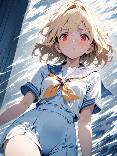 pale light blue sailor summer suit, blonde medium hair, Red Eyed Girl, Alone, The background is a blizzard,  alert ,  knee shot, corruption,  Shade, (NSFW:0.7)