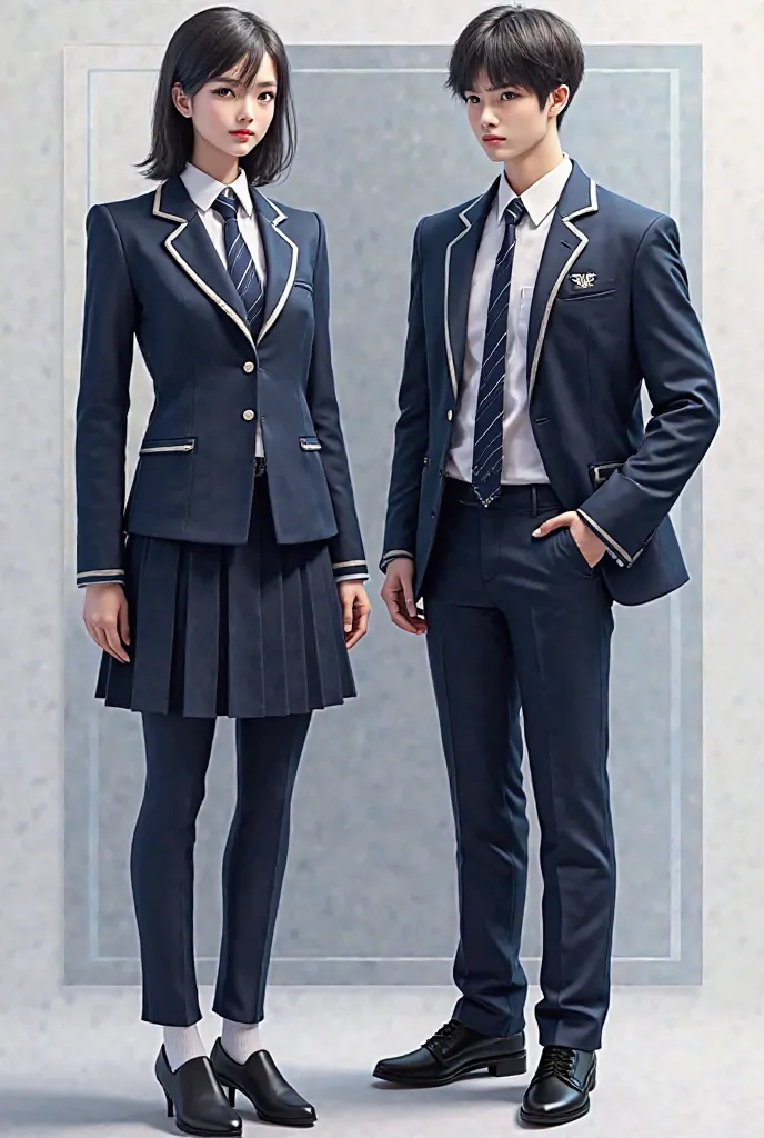 
The name of the school is Apex Jmc world academy 
Make a college uniform and put in the mannequin for me to see this is the description For Girls: The uniform consists of a navy blue fitted blazer with silver accents and a holographic school emblem on the...