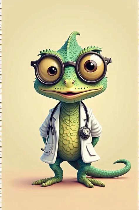 I need a cartoon of a shabby chameleon in optometrist's clothing and cuddly
