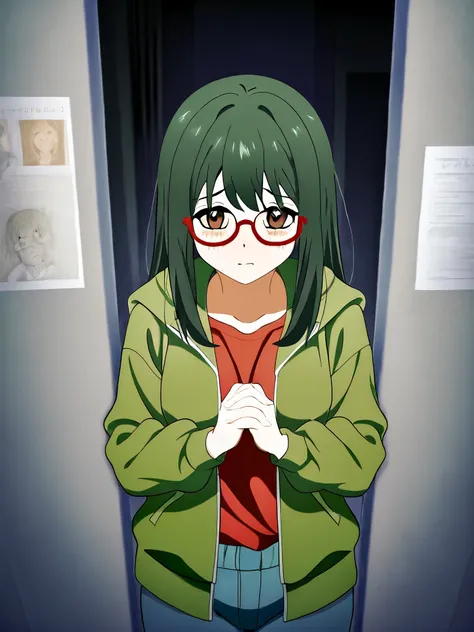 anime girl, long dark green hair, red rimmed glasses, brown eyes, shy, hands clasped at waist, tattered green jacket, dirty red t-shirt, black pants, back to the wall, convention center alley