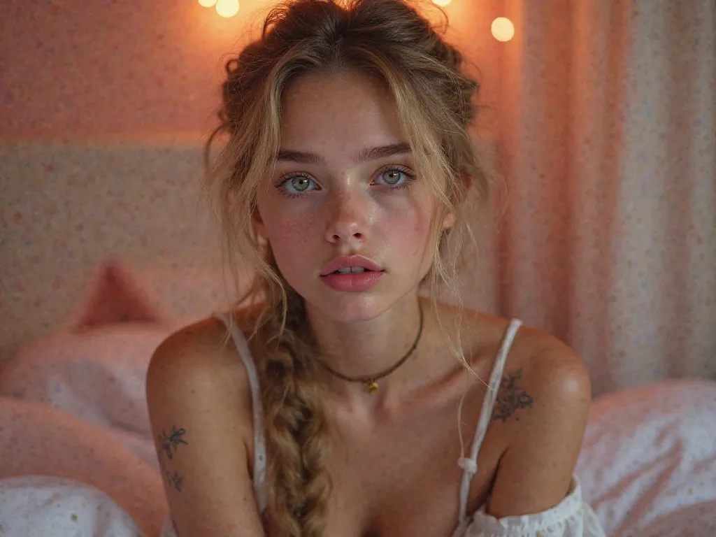 1 girl,   sexy 18 year old girl ,  braids, beautiful face, nice, beautiful, beautiful, beautiful face, pale skin, parts, blond hair,  blue eyes, Perfect, glowing lips ,   big lips,  Thick lips,   half-open lips alone on the bed ,   light pink lip gloss , m...