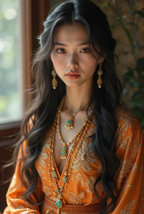 Sweet-faced man with long black hair wearing an antique Thai dress with gold jewelry. Slim figure