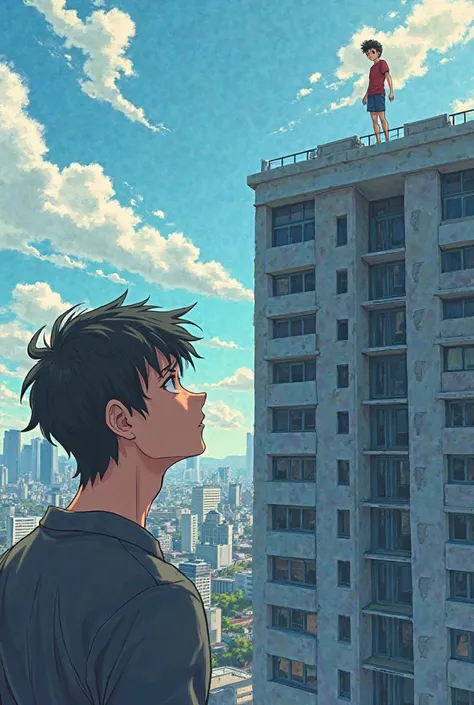 A man looking at the top of the building because there was a boy trying to jump (anime version)
