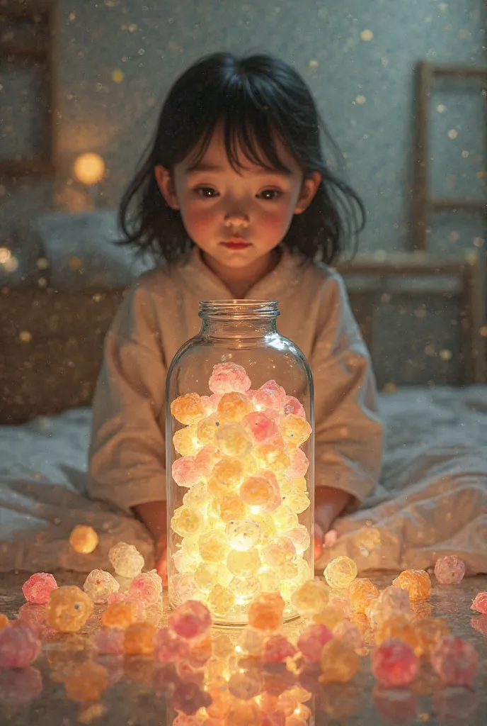 Konpeito in a glass bottle and a girl。 soft light 