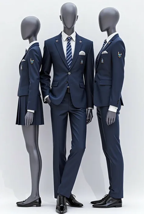 
The name of the school is Apex Jmc world academy 
Make a college uniform and put in the mannequin for me to see this is the description For Girls: The uniform consists of a navy blue fitted blazer with silver accents and a holographic school emblem on the...