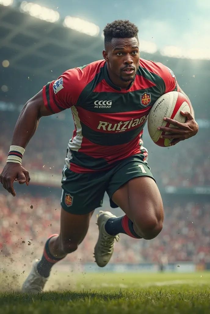 A black rugby player with the colour red black white and green and on the back it says rutzians with the number 1 on it and he holds a ball and ran to put a try