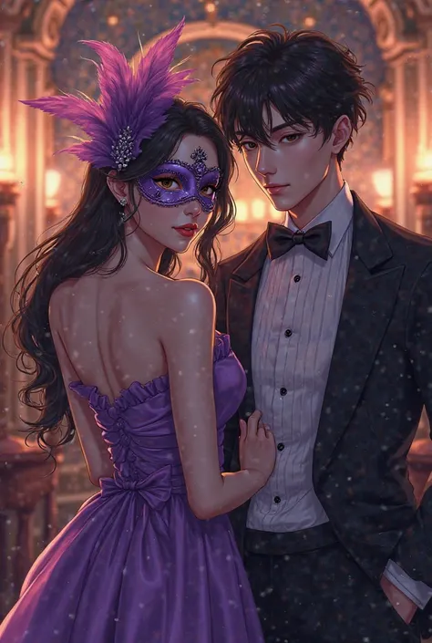 Create a anime of a woman and man is the masquerade party the girl is black beauty wearing mask. Purple simple dress looking in the camera. Not facing each other.