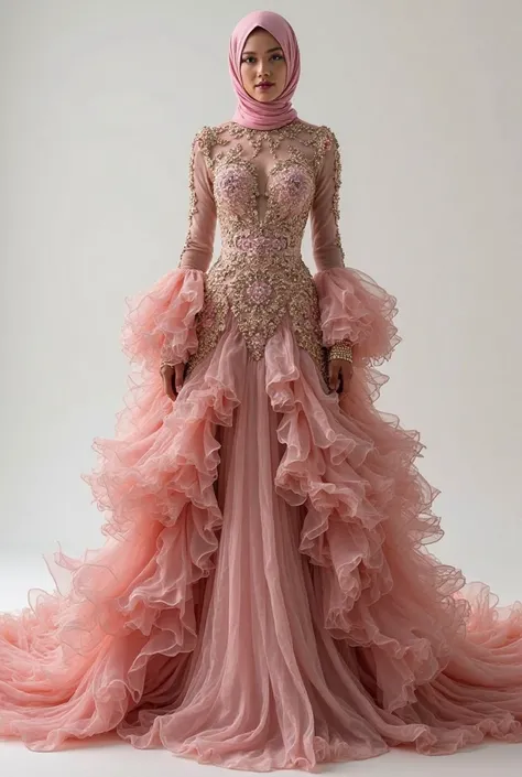 Exclusive Modest Gown Concept: "Ethereal Majesty"

A fusion of structural elegance, cascading ruffles, asymmetric draping, and intricate embellishments.

1. Overall Inspiration from References:

From Image 1 (Pink Ruffled Gown): Flowing cascading ruffles w...