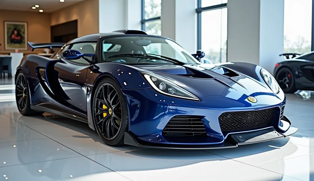 The full side view of painted with galemy dark blue( 2025 lotus exige) in large shape in large size with  logo (Lotus Cars) its large detailed grille in shiny white colour with angular sporty design captured from full only side view with modified sleek bac...