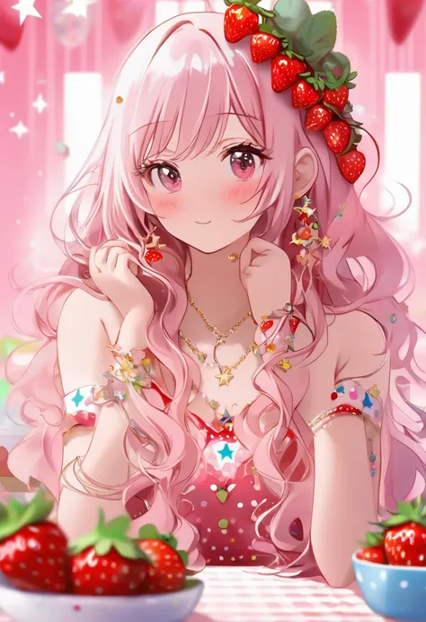 1girl, solo, jewelry, necklace, earrings, long_hair, pink_background, looking_at_viewer, food-themed_hair_ornament, hair_ornament, strawberry_hair_ornament, blush, star_(symbol), pink_eyes, strawberry, red_lips, polka_dot, upper_body