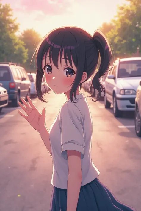 "An anime-style illustration of a shy schoolgirl with fair skin and a black ponytail with slight bangs. She is wearing a plain white short-sleeved school uniform shirt and a blue skirt. She is turning her face towards the viewer while waving goodbye. Her e...