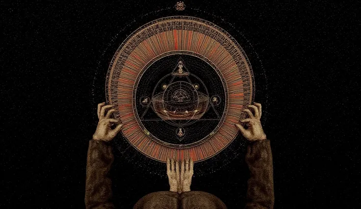 a close up of a person holding their hands up in front of a circular object, dark arcanist, antichrist, darkart, ((((occult art)))), dark ambient album cover, into darkest cosmos, alex grey and beksinski, the darkest hour, dark fantasy esoteric, vibrant da...