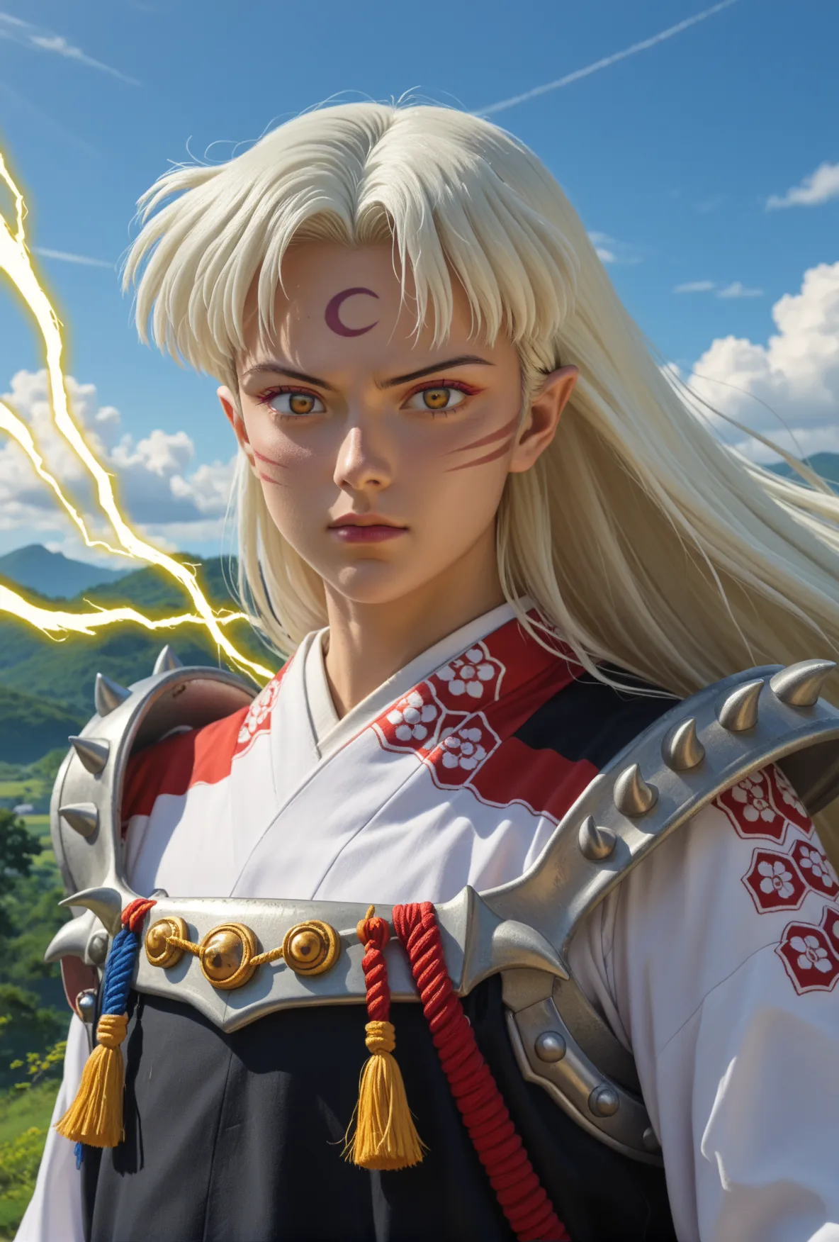 score_9, score_8_arriba, score_7_arriba,     source    _  animated,
Sesshomaru, Sesshomaru,   long hair, yellow eyes, White hair, male focus pointy ears, facial brand , creciente,   forehead mark  ,
  Japanese clothing, armor, by,
 exterior, landscape,
loo...