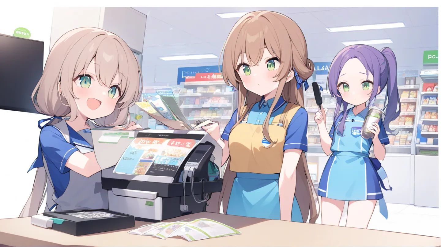 Girl working at convenience store、is facing the front、Combine FamilyMart uniforms with Lawson uniforms、Standing still、( female college student)、 no background、Sexy、hair brown、Light green eyes、Semi-long hairstyle、half up、A  with an energetic personality、The...