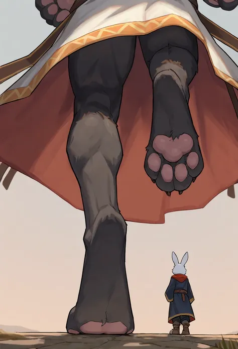 (macro size: 1.1), describe image of a giant rabbit boy stepping on an adventurer, a tall skinny boy stepping on an adventurer, simple background, (2boys: 1.1) (height difference), (rabbit foot paws closeup: 1.1) (femboy), (furry rabbit boy: 1.1), robes, a...