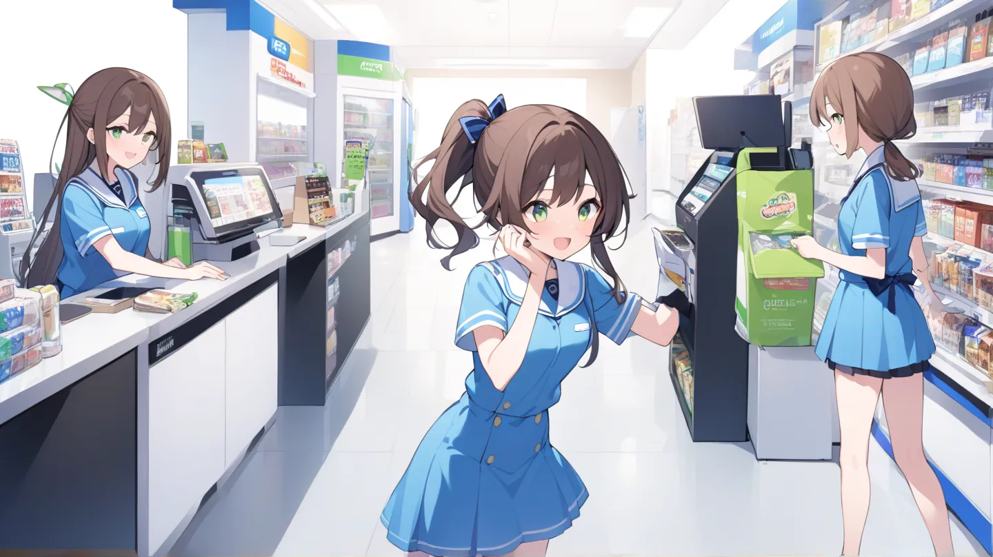 Girl working at convenience store、is facing the front、Combine FamilyMart uniforms with Lawson uniforms、Standing still、( female college student)、 no background、Sexy、hair brown、Light green eyes、Semi-long hairstyle、half up、A  with an energetic personality、The...