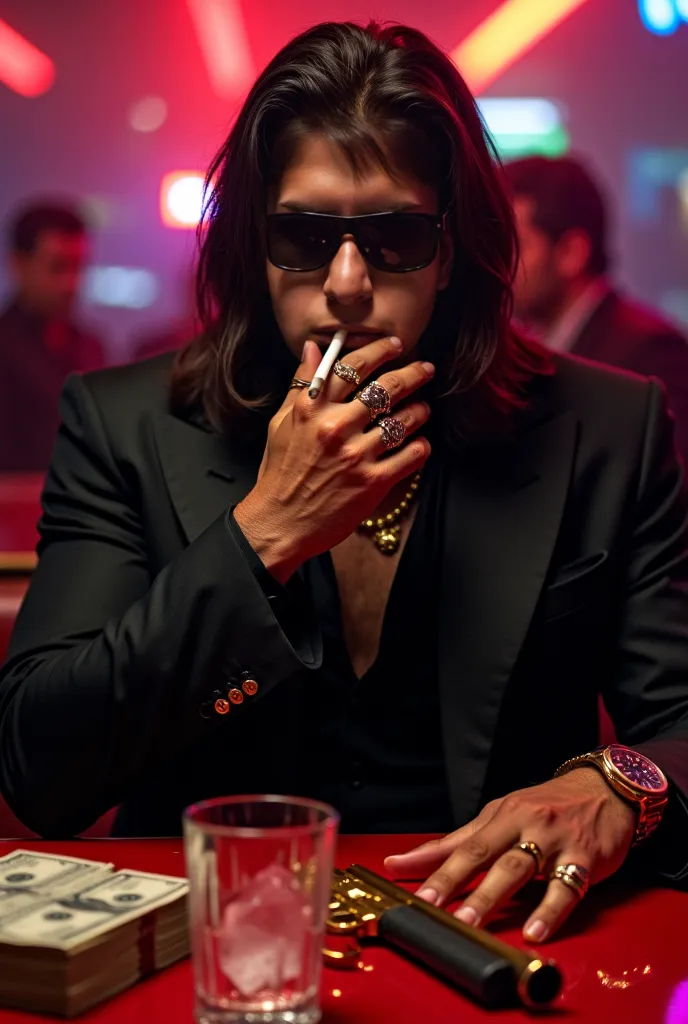 "An imposing Latino mobster, with long hair falling over his shoulders,  marked and masculine features , he looks intensely as he lights a cigarette. His tan skin stands out in the dim light of an 80s nightclub, with red and blue neons reflecting in his da...