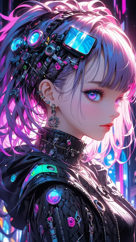 high definition,   top quality,   High Details , Tim Burton style、girl、futuristic punk costume、illumination、neon 、 upper body、