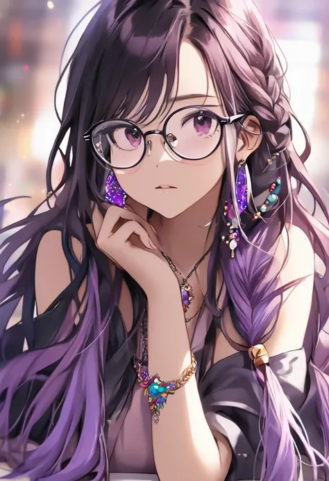 1girl, solo, glasses, earrings, jewelry, closed_eyes, purple_hair, long_hair, black-framed_eyewear