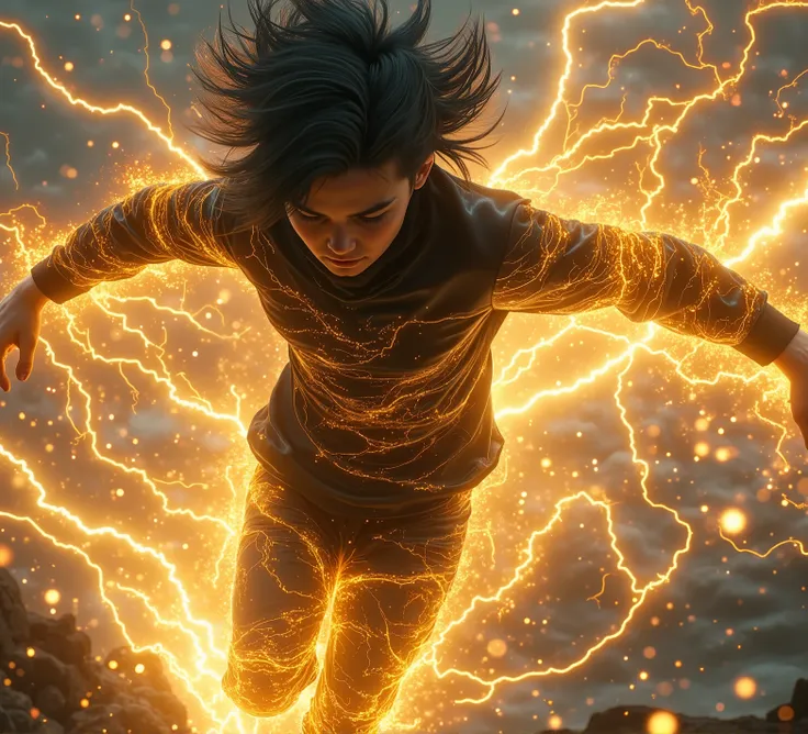 score_9, score_8_arriba, score_7_arriba, , score_chico flying sobre el cielo _flying, golden electricity, Heavens, Wind waves, flying, In wind, a _ young black-haired boy_ boy full of electric energy, flying en el cielo a, in the background a storm...
