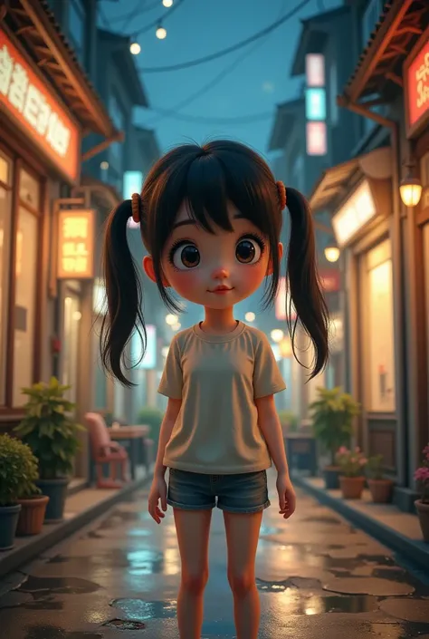 3D cartoon image, Realistic Skin, pale skin, Realistic Face, A full-body photo seen from a distance, Girl in shorts and blouse with pigtails on the back, On a street without cars,  Dim background , 