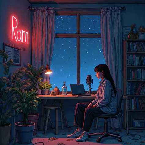 comic book art style  one girl sitting in a studio doing a podcast with mic at night comic book art style  The room is softly illuminated by neon lights casting the word 'Ram' on the wall. Through the window, a starry night sky is visible, enhancing the tr...