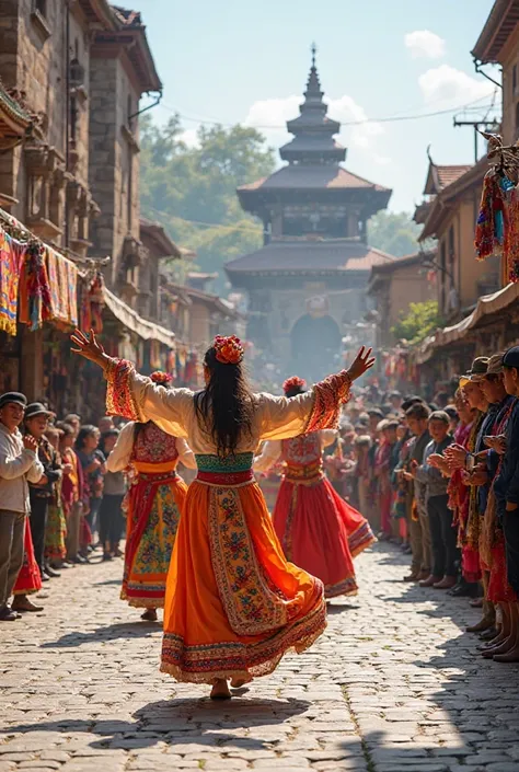 A vibrant cultural celebration in an ancient town square. Traditional dancers, wearing bright, embroidered costumes, perform a graceful folk dance, their movements synchronized with rhythmic music played on drums and flutes. Stalls with colorful tapestries...