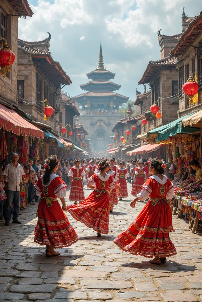 A vibrant cultural celebration in an ancient town square. Traditional dancers, wearing bright, embroidered costumes, perform a graceful folk dance, their movements synchronized with rhythmic music played on drums and flutes. Stalls with colorful tapestries...