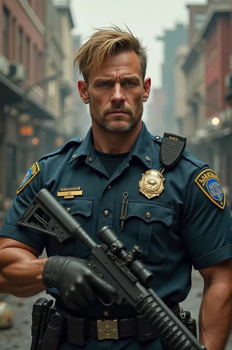 Male cop. 29 years old. sleepy green eyes, straight, dark blond hair always slightly messy. thickly muscled arms and big hands.