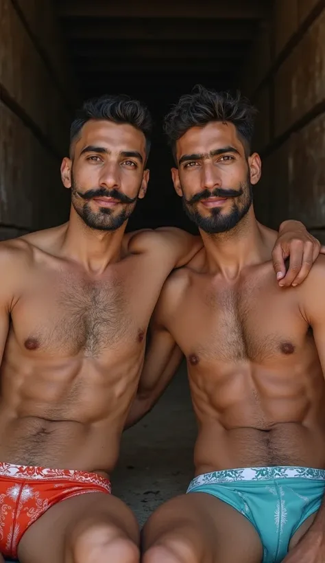 Full body Two Realistic beautiful skinny Syrian men with long and thick moustache 30 yeras old with gorgeous eyes, 8k masterpiece detailed black eyes shaved black short curly hair realistic eyes shirtless hairy chest and legs colourful underwear legs up wi...