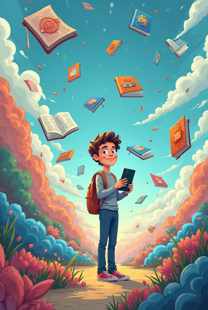 UN DIBUJO EN CARICATURA El Lector Digital
📱 Un lector moderno con una tablet o un e-reader, surrounded by digital books floating around you.