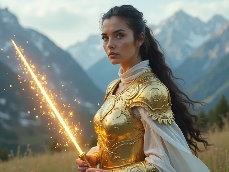 A 25 years old woman who has long black hair in a ponytail, has blue eyes and pale white skin. She is wearing a golden armor that emits light, and she holds a wand of light. She is standing in a meadow and silver mountains as a background. Creating a magic...