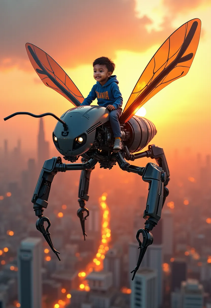 Photo of an  Indonesian boy wearing a blue hoodie with the words "SHAKA" on the front side, smiling while riding a large, shining yellow insect-like robot with black stripes and translucent wings. The robot's legs are made of metal, and it hovers over a ci...