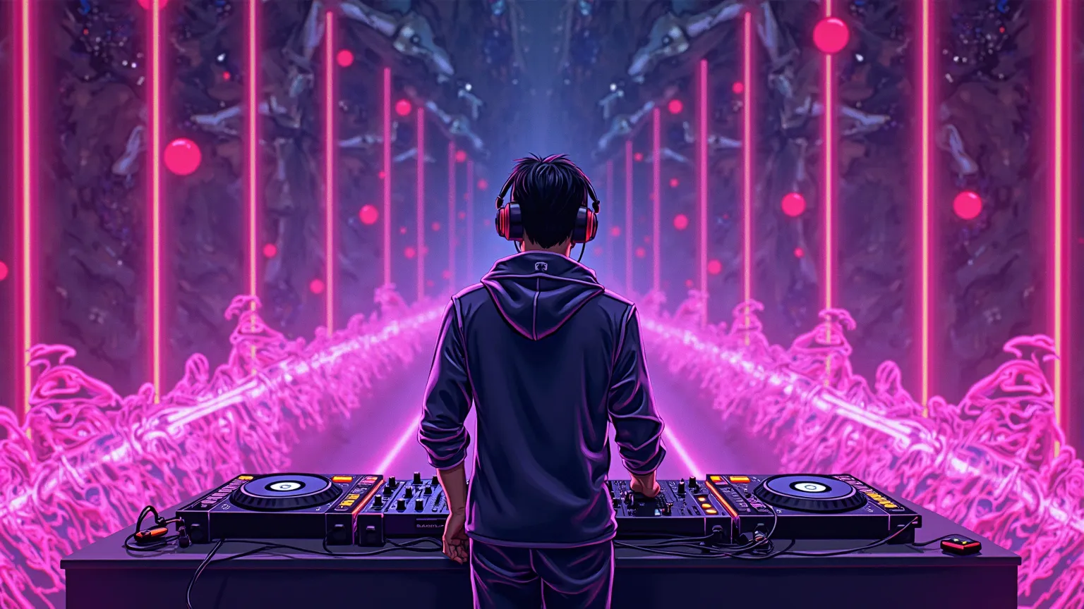 Background electronic music DJ, Neon sound waves in the background, purple neon energy,  's illustration 