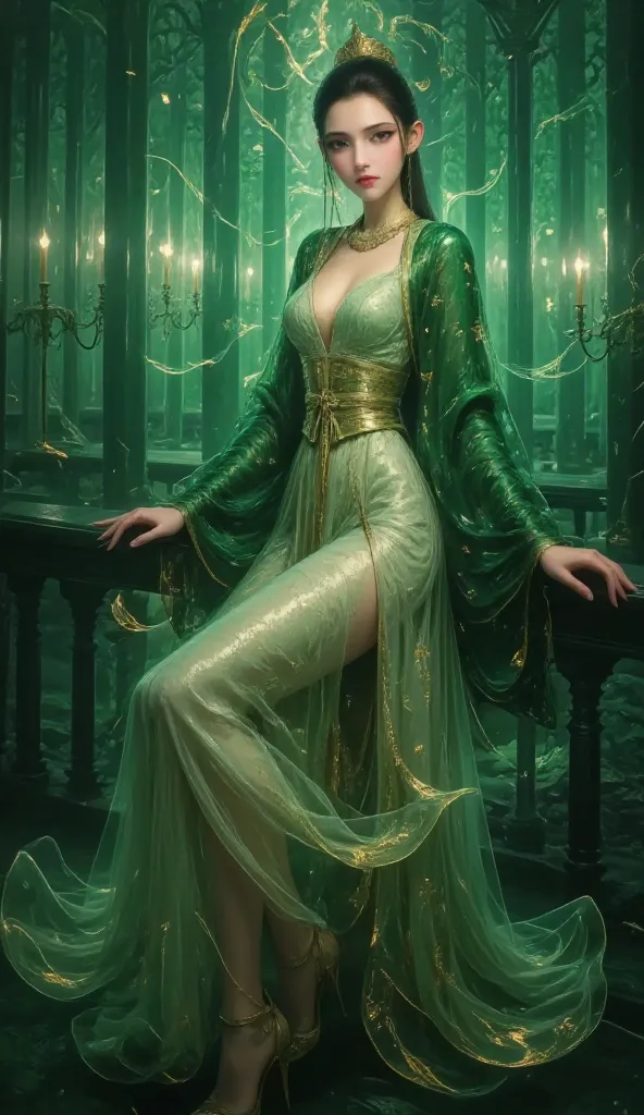 A provocative painting portraying a sultry lady from hell in a captivating green-themed scene, embodying the allure and power of Hela in an epic split-screen composition that heightens the theatricality and mystique of her character. The green color scheme...