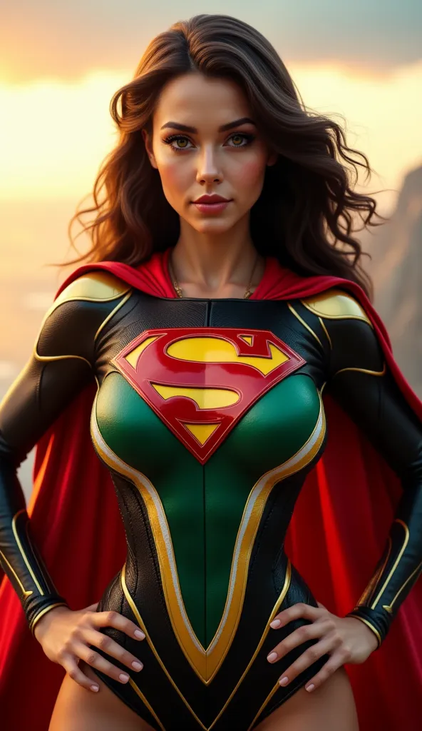 3D Realistic Portrait of a South African Superhero (Inspired by Supergirl, with Superman logo):
A 3D realistic portrait of a stunning, muscular female superhero representing South Africa, striking a commanding "akimbo pose" with hands on her hips. Her body...