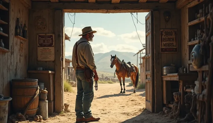 realistic image of a man from Rio Grande do Sul leaving a bar looking at his horse in the back 