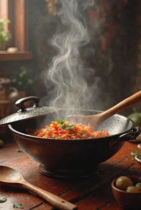 Wok emitting smoke with ladle and lid