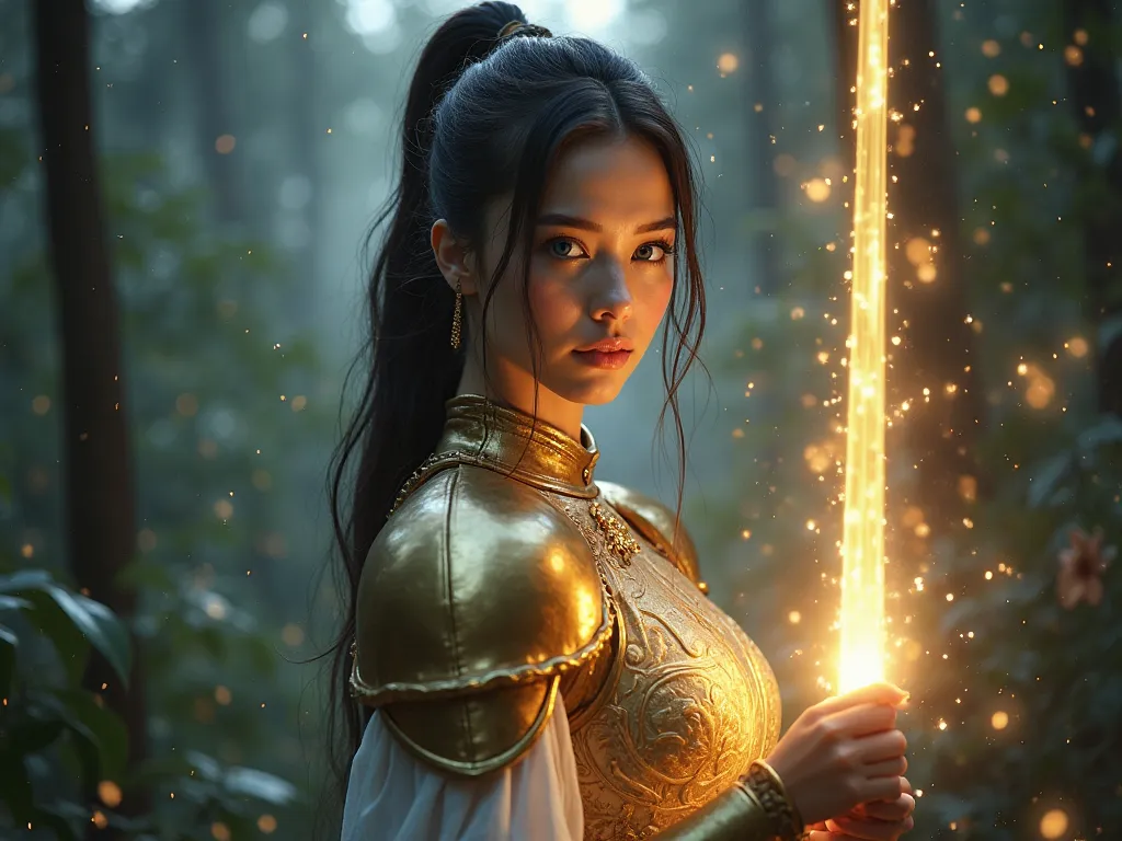 A 25 years old woman who has long black hair in a ponytail, has blue eyes and pale white skin. She is wearing a golden armor that emits light, and she holds a wand of light. She is standing like a light that shines so bright in a dark forest as a backgroun...