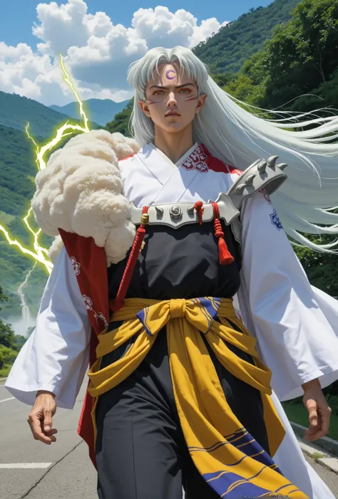 score_9, score_8_arriba, score_7_arriba,     source    _  animated,
Sesshomaru, Sesshomaru,   long hair, yellow eyes, White hair, male focus pointy ears, facial brand , creciente,   forehead mark  ,
  Japanese clothing, armor, by,
 exterior, landscape,
mir...