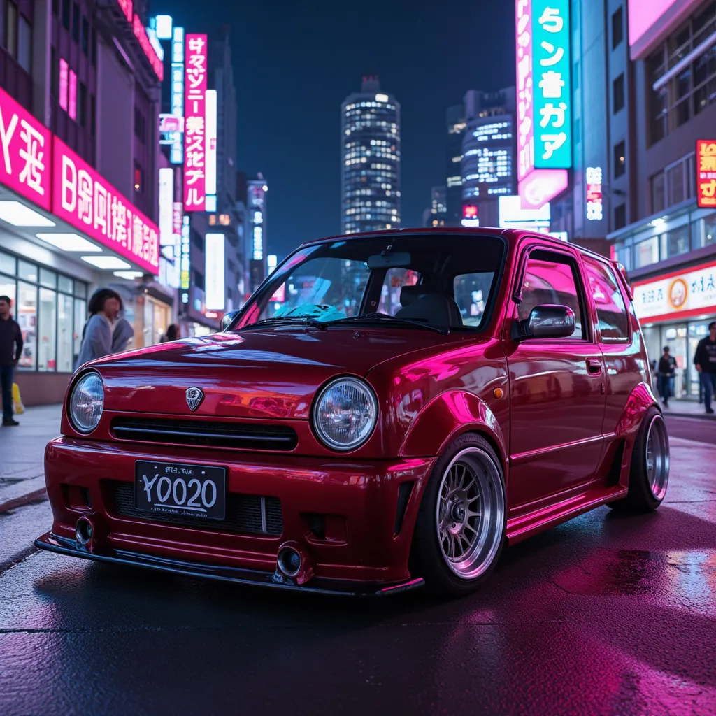 cyberpunk、 masterpiece、 Anatomically accurate MiraGino、top quality made of straw 、 high detail、 NEON STREET 、 Show only custom cars、(((DAIHATSU Miragino L700s:1.5)))Wide wheels 、Lowdown  、 Full smoke 、 side angle、Right next to you、FULL CAR VIEW 、 shows onl...