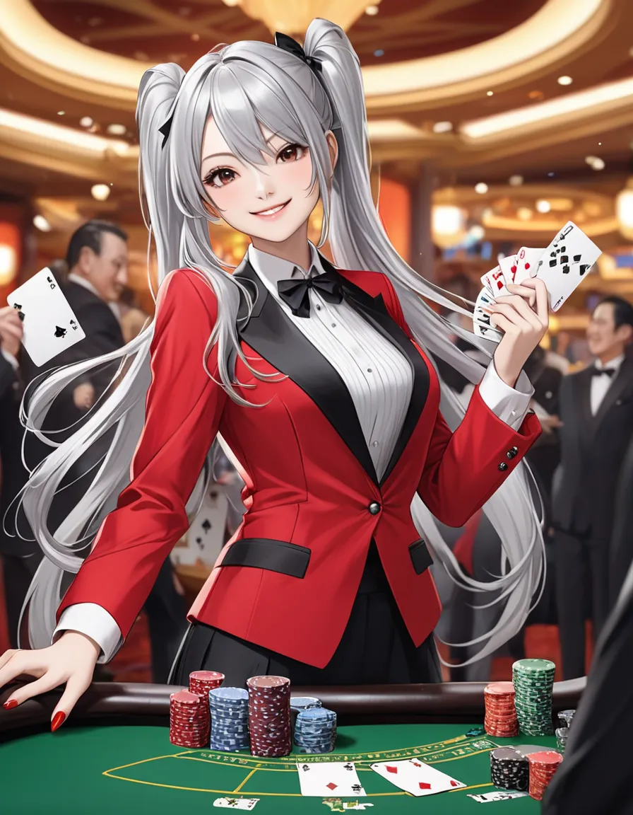  long silver hair 、 beautiful twin-tail girl、a beautiful girl from a casino dealer、 red blazer、smile、has an ace of spades、Poker Dealer、A casino where a lot of people gather